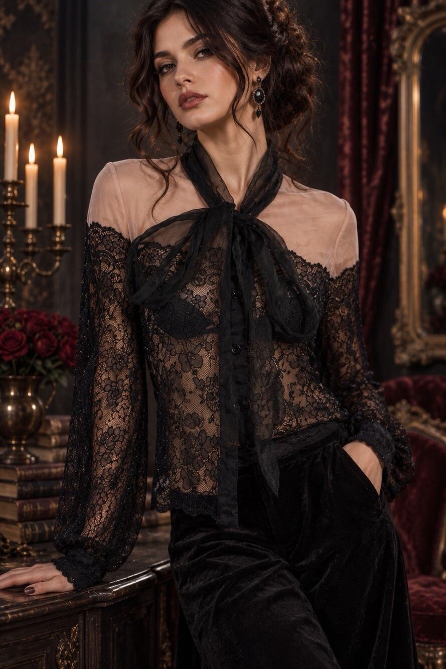 Beulah Sheer Black Lace Bow Blouse Victorian Romantic Goth Whimsigoth Size Large